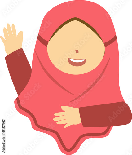 Smiling Girl in Hijab Waving Hello, Friendly Cartoon Illustration