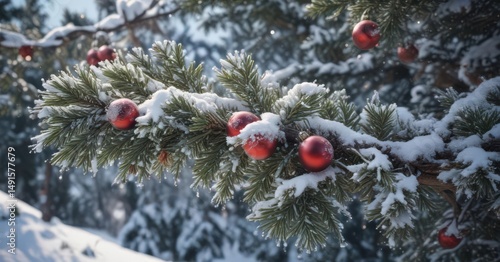 Sparkling snow-covered pine branches with ornaments , festive, texture
