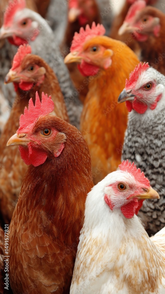 Fototapeta premium Close-up of Diverse Chickens in a Farmyard Flock, Eye-Level View of Poultry in Various Colors and Patterns, Rural Scene