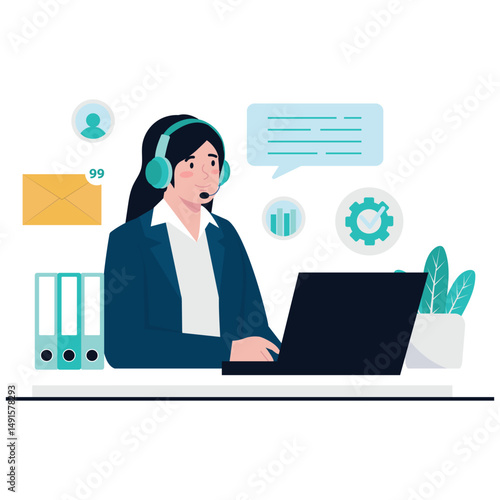 Business Services Illustration. Vector illustration of Female agent providing digital customer service from laptop. Isolated on background