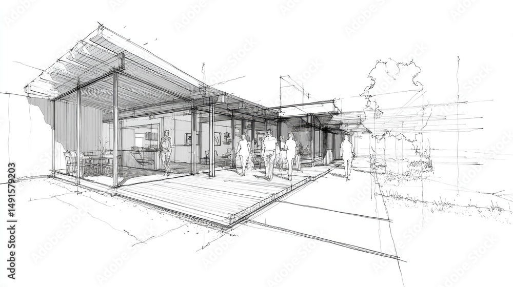 Fototapeta premium Modern House Sketch Architectural Design with People.