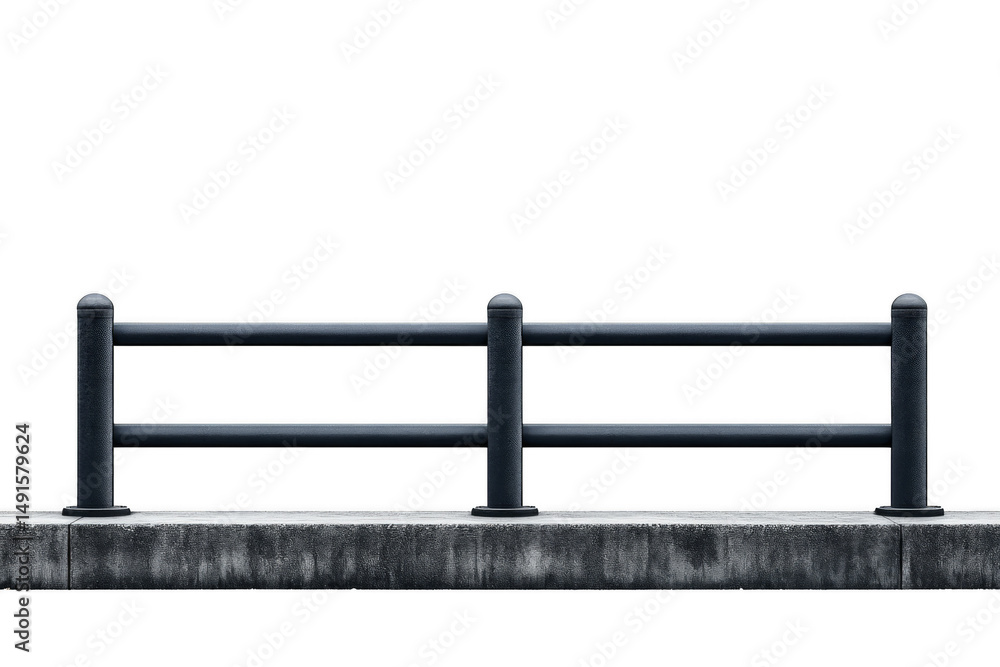 Obraz premium A sturdy metal railing with vertical posts and horizontal bars mounted on a concrete base.