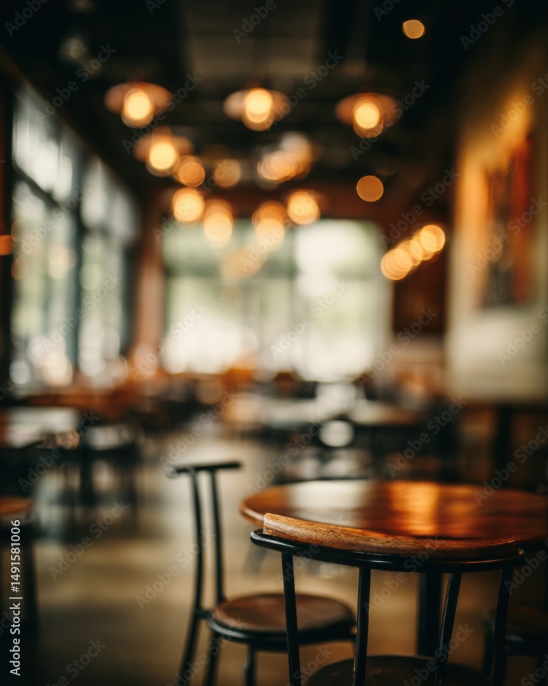 Interior of a cozy cafe with blurred background and warm lighting showcasing tables and chairs in a restaurant setting at daytime Interior of a cozy cafe with blurred background and warm lighting showcasing tables and chairs in a restaurant setting at daytime