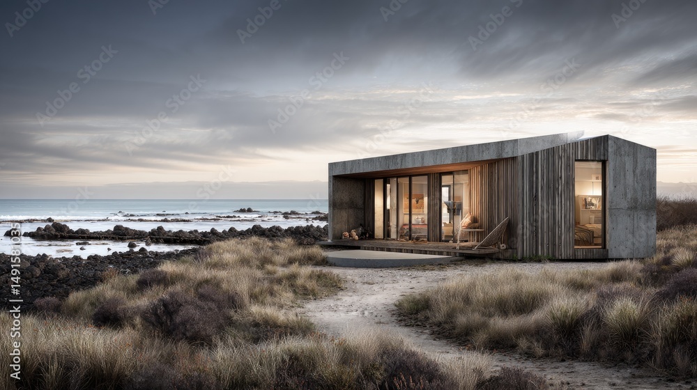 Fototapeta premium Coastal Haven Modern Cabin Retreat by the Sea with Iceland.