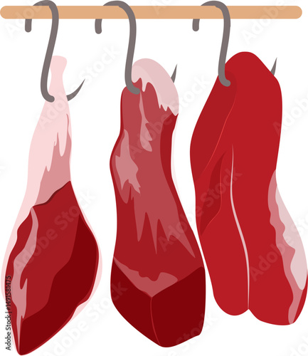 Three Cuts of Meat Hanging on Hooks, Butcher Shop Illustration