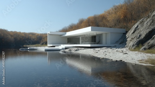 Lakeside Minimalist Modern house blends seamlessly into autumn landscape.