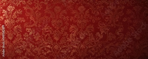 Rich crimson damask, lavish swirling design, luxurious feel, decoration, vintage, rich