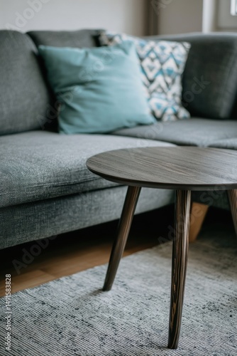 Modern living room interior with stylish round wood coffee table and gray sofa with pillows in natural light