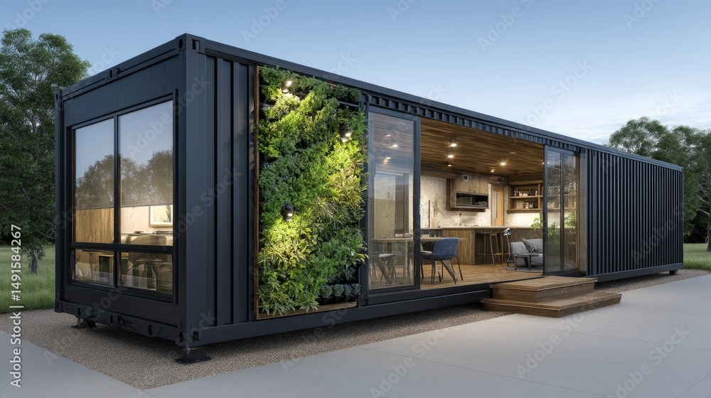 Fototapeta premium Modern Container Home Sustainable Living with Green Wall, and and Open Design.