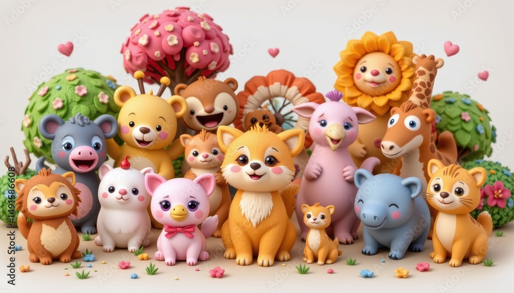 Playful Collection of Cute Animal Figurines Surrounded by Colorful Trees and Flowers Playful Collection of Cute Animal Figurines Surrounded by Colorful Trees and Flowers