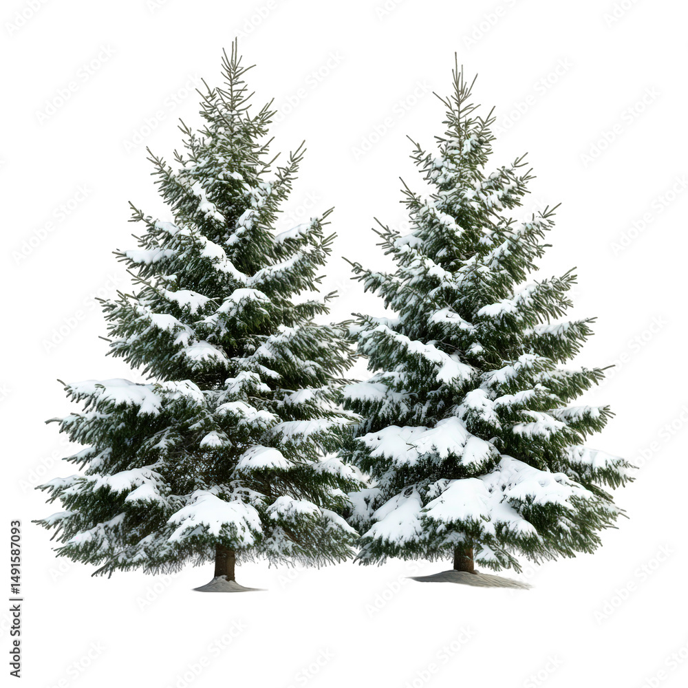 Obraz premium Two fir trees covered in snow isolated on transparent background.png white background