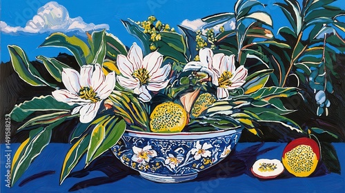 Vibrant Floral Still Life with Exotic Fruits in a Blue Bowl