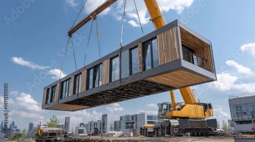 Modular Home Construction Crane Lifting Prefabricated House Module in Urban Development Project Under Blue Sky Angle Shot