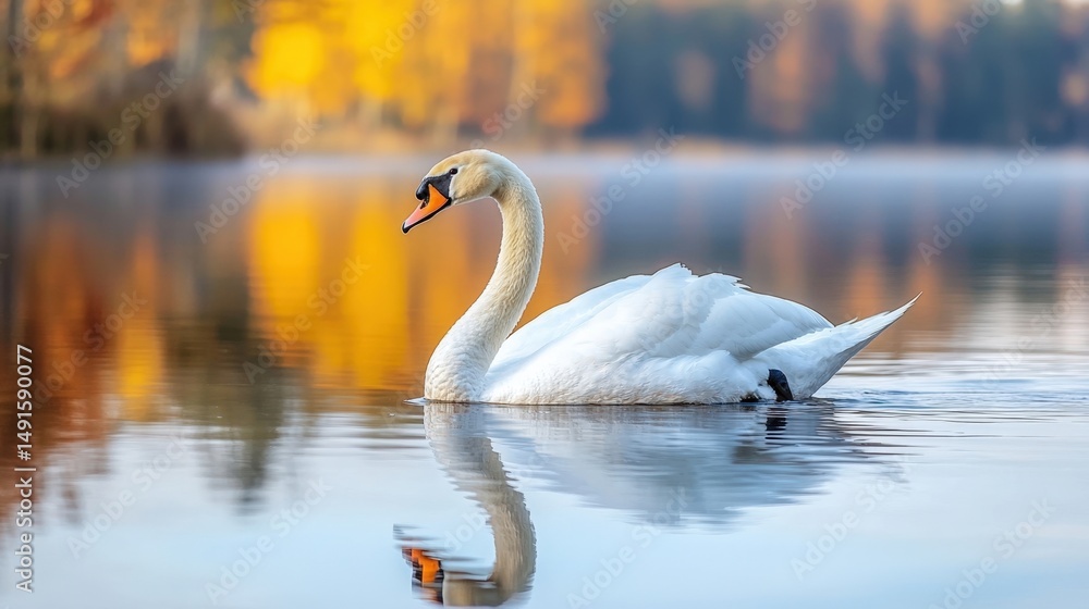 Naklejka premium the serene image of a white swan peacefully gliding across a tranquil lake, perfectly mirrored in the glassy surface of the water.