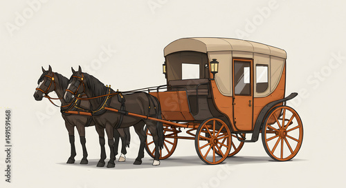 Horse drawn carriage with two horses illustration
