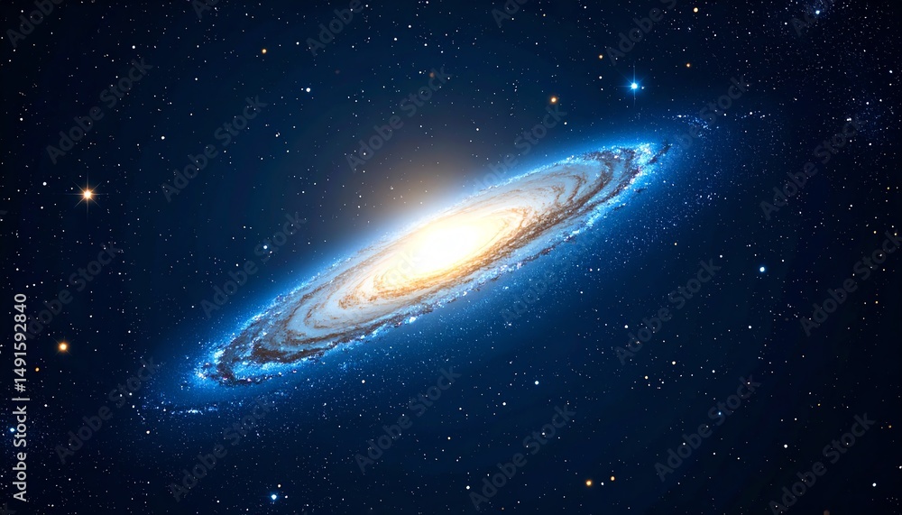 A stunning spiral galaxy illuminated by its bright core, surrounded by countless stars in a deep cosmic expanse A stunning spiral galaxy illuminated by its bright core, surrounded by countless stars in a deep cosmic expanse