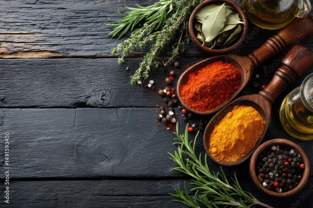 Spices and Herbs Still Life on Dark Wood Table Top View Paprika Turmeric Rosemary Thyme Bay Leaves Pepper Olive Oil Spices and Herbs Still Life on Dark Wood Table Top View Paprika Turmeric Rosemary Thyme Bay Leaves Pepper Olive Oil