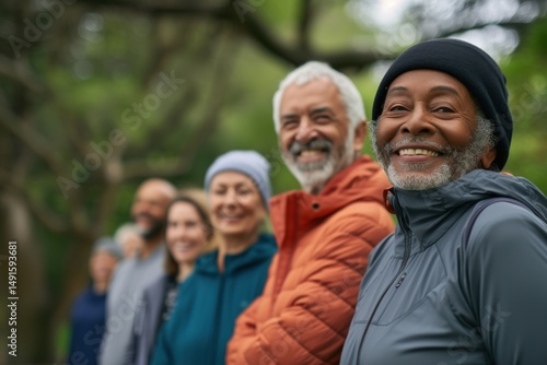 A group of smiling, diverse, middle-aged adults standing in a line, wearing jackets and hats, outdoors in a park setting, with trees and greenery in the background.