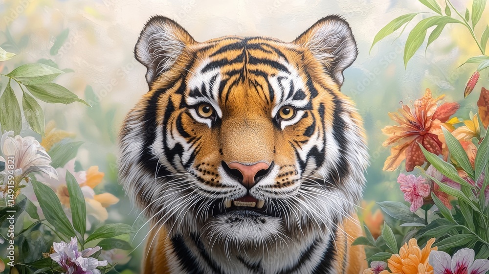 Naklejka premium a vibrant and intricate mural depicting a tiger smiling brightly in a lush garden setting, surrounded by colorful flowers and verdant greenery.