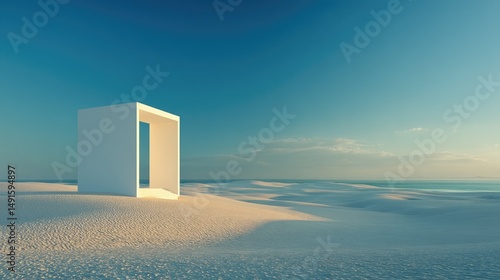 White Cube on Desert Sand Conceptual Art with Horizon with Sky  Sea.