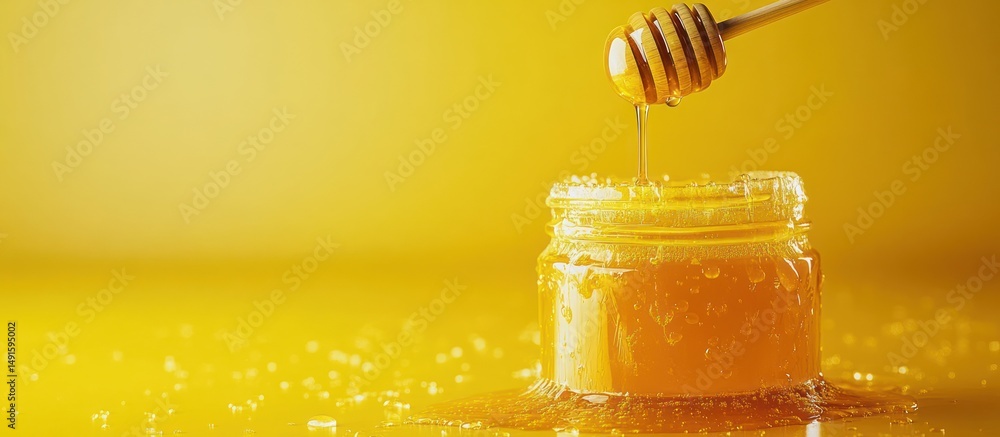 Honey pouring jar, yellow background Honey pouring jar, yellow background