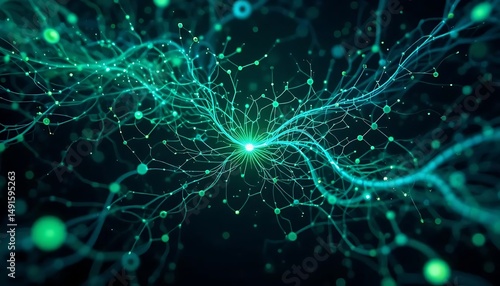 Abstract Neural Network Visualization: Green Teal Network Connections