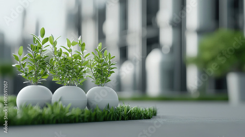 Three small plants in white spherical pots are placed on patch of grass, with industrial background. scene symbolizes integration of nature and technology, promoting sustainability