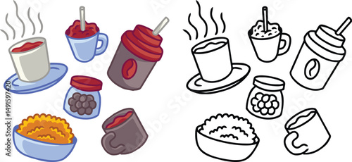 illustration vector icon of drinks and food to accompany you while reading