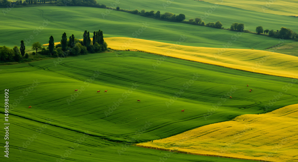 Fototapeta premium Vibrant rolling hills with lush green fields and yellow rapeseed patches