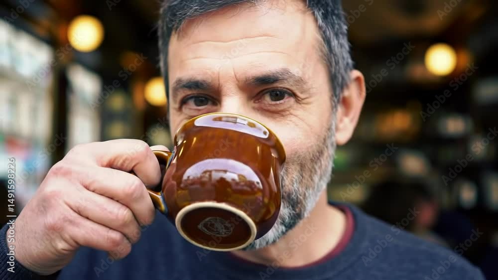 Man enjoying a warm drink at a cozy cafe, close-up view Man enjoying a warm drink at a cozy cafe, close-up view