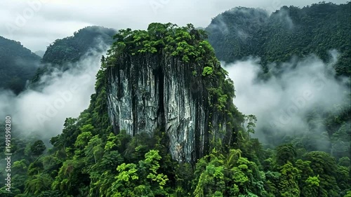 Misty mountain peak shrouded in lush greenery