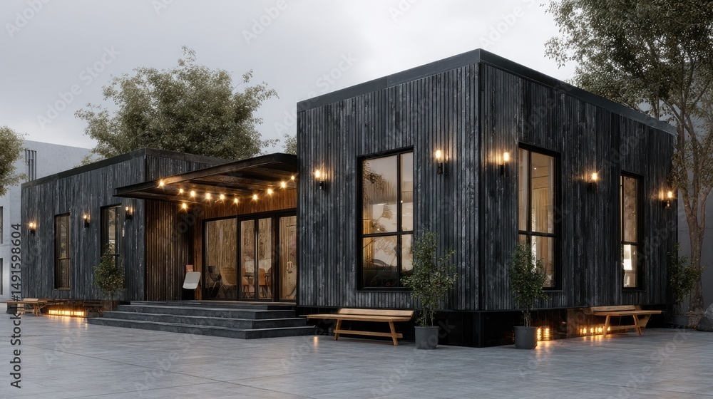 Fototapeta premium Modern Black Wood Cabin Lit at Dusk Stylish Retreat.