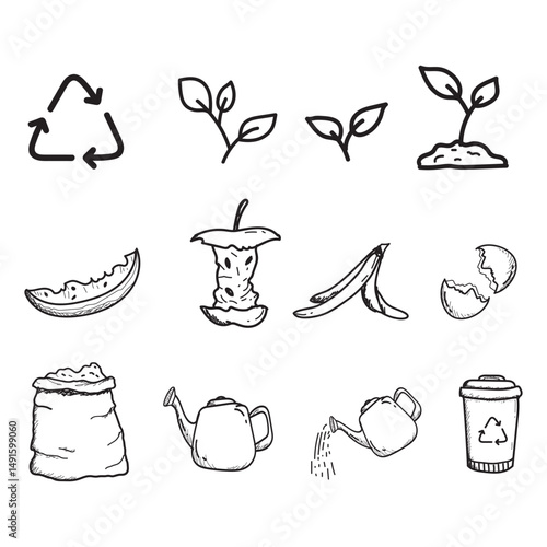 Compost life cycle or organic waste infographic doodle hand drawn style.