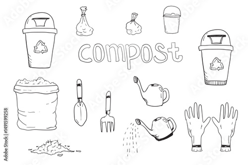 Compost life cycle or organic waste infographic doodle hand drawn style.