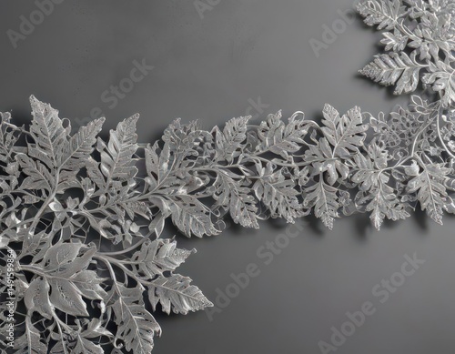 Sparkling silver lace border with intricate leaf details ,  filigree,  fabric