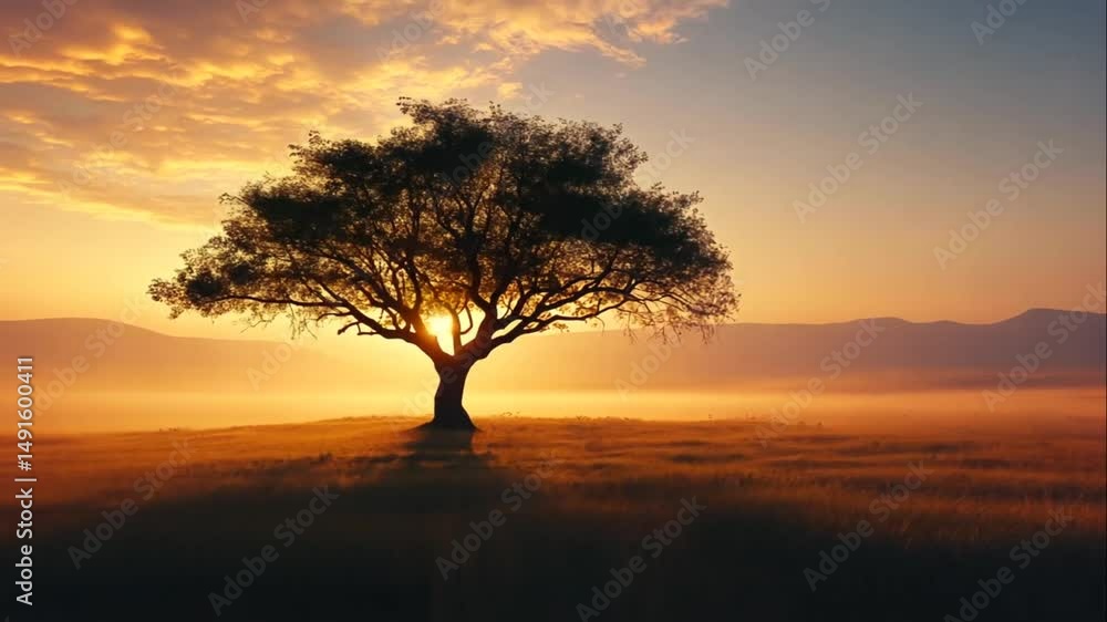 Solitary tree in a golden sunrise mist. A lone tree stands silhouetted against a vibrant sunrise, bathed in warm hues and morning mist Solitary tree in a golden sunrise mist. A lone tree stands silhouetted against a vibrant sunrise, bathed in warm hues and morning mist