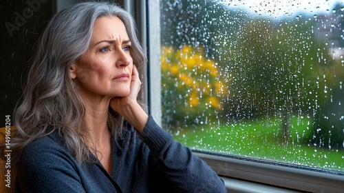 the woman sat by the rain streaked window, her eyes filled with sorrow as she stared out into the dreary gray sky, lost in her thoughts