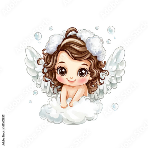Adorable Baby Angel with Soap Bubbles on a Cloud