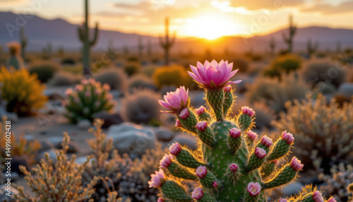 Blooming cactus stands tall desert landscape, adorned with vibrant pink flowers as sun sets background, casting warm glow over arid terrain. scene evokes sense of tranquility and beauty nature