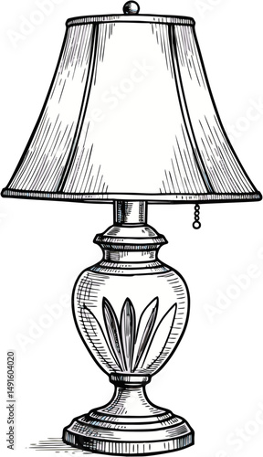Elegant Table Lamp with Floral Etched Glass Base and Chain Pull - Line Art Vector