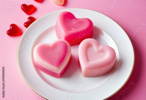 There are three heart-shaped soaps scattered around the plate