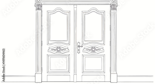 Ornate Double Door with Decorative Columns and Intricate Floral Accents - Line Art Vector