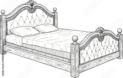 Ornate Wooden Bed with Upholstered Headboard - Line Art Vector