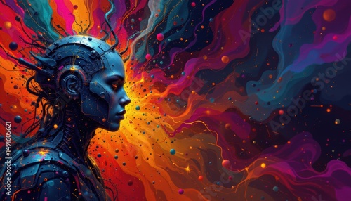 A futuristic humanoid robot with vibrant, colorful energy swirling around its head in a digital, sci-fi style.
