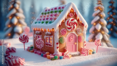 Small gingerbread house with colorful candy decorations on the roof, festive and detailed close-up.