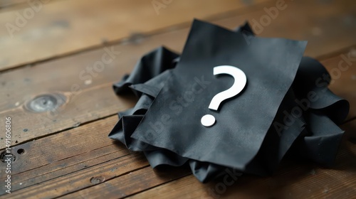 A crumpled dark textile piece rests on a wooden surface, featuring a prominent question mark, symbolizing uncertainty and the unknown.