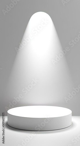 A white cylindrical pedestal sits centrally illuminated by a single overhead spotlight against a light grey backdrop