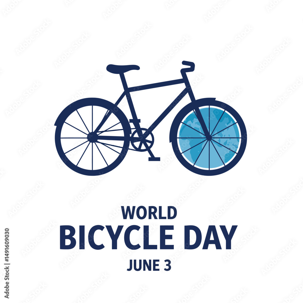 A bicycle with a world map background and a globe inside the front wheel for world bicycle day A bicycle with a world map background and a globe inside the front wheel for world bicycle day