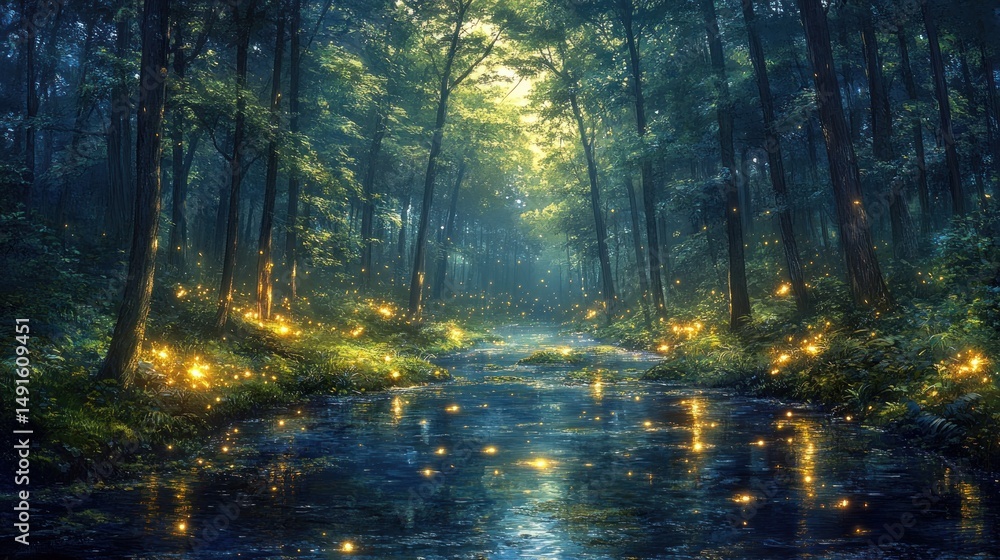 Obraz premium Mystical forest path with glowing fireflies
