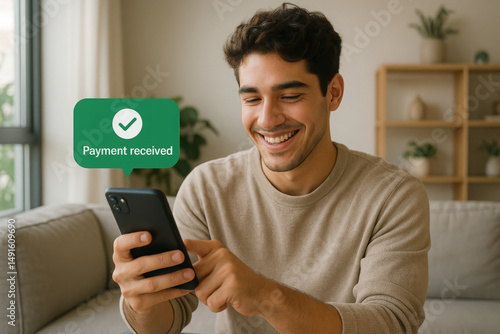 Wallpaper Mural Happy man receiving online payment on smartphone at home Torontodigital.ca